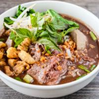 Thai Boat Noodle · delicious beef blood broth serve over thin rice noodle beef meat ball,tripe,beef, top boiled...