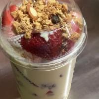 Strawberries And Cream/Fresas Con Crema · Fresh Strawberries, our special cream, granola and shredded coconut