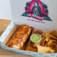 Burrito Box · Choice of 1 burrito. Includes Chips, Salsa, Guac,Dessert Bites, Canned Drink or Bottled Water