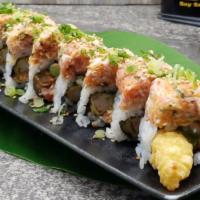 So No. 1 · 2 pieces shrimp tempura and avocado inside and topped with spicy tuna, crab and albacore mix