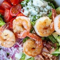 Shrimp Cobb Salad  · large shrimp, diced bacon, hardboiled eggs, spring mix, onions, tomatoes, avocado & gorgonzo...