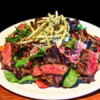 Steak Salad · 8 oz Hanger steak grilled to medium, mixed greens, Gorgonzola cheese, oven roasted tomatoes,...