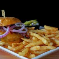 Hickory Bbq Burger  · (10 oz) Hickory BBQ burger freshly ground burger, bacon, topped with melted Cheddar, red oni...
