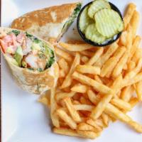 Blackened Shrimp Wrap  · Lettuce, tomato, avocado, and chipotle mayonnaise in a wrap with fries.