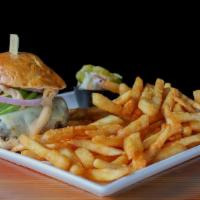 Cali Burger  · (10 oz) Freshly ground burger, topped with pepper Jack cheese, avocado, red onion, and chipo...