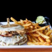 Bacon Swiss Burger · (10 oz) Freshly ground burger, topped with bacon, sauteed onion, Swiss, and bacon aioli on a...