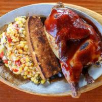 Coal Fired Bbq Half Chicken · Warm mexican street corn salad with cotija cheese & toasted corn bread