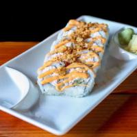 Spicy Crab Roll · Spicy crab, cucumber, sesame seed, finished with crunchy onions, and spicy mayonnaise.