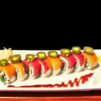 Tommy'S Roll  · Yellowtail, avocado, cucumber, topped with Jalapeno, salmon, pepper tuna, and cilantro.