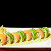Super Philly Roll · Smoked salmon, cream cheese, cucumber, avocado, topped with smoked salmon, avocado, and spic...
