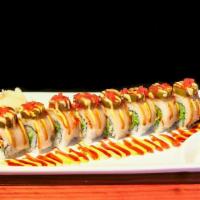 Super Yellowtail Roll · Yellowtail, avocado, cucumber, topped with yellowtail, sliced Jalapeno, masago, spicy mayonn...