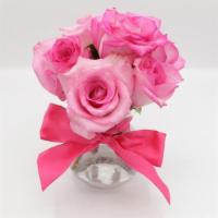 Debi Lilly Rose Artisan Arrangement · Includes 6 stems of premium Ecuadorian roses in a round, short bud vase & decorated with mat...