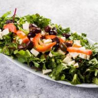 Greek Salad · Fresh mesclun, tomato, cucumbers, imported kalamata olives, sweet red onions & imported ...