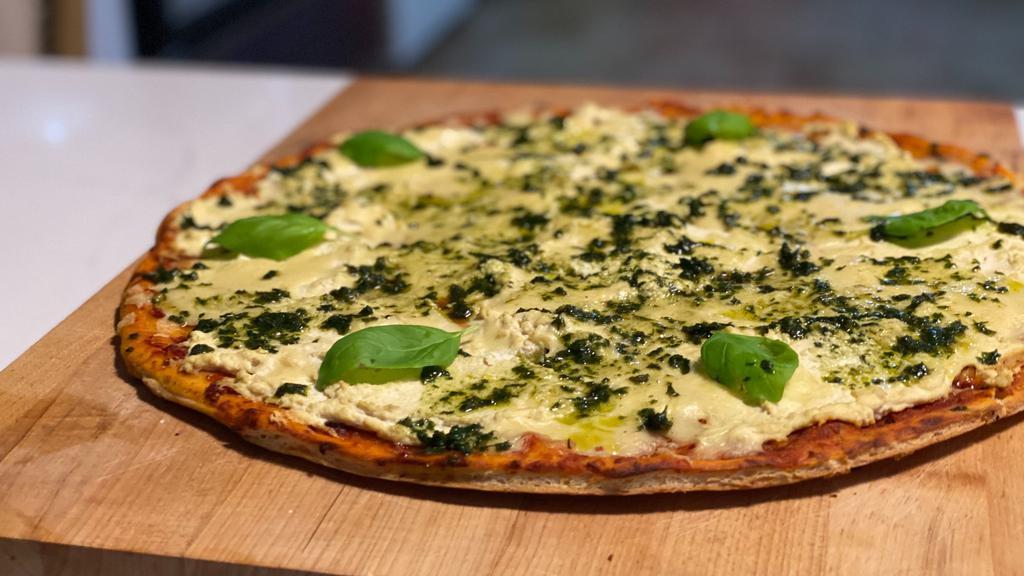 Individual White Pizza With Basil Pesto · Vegan. 12