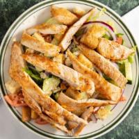 Large Grilled Chicken Over Greek Salad · Grill chicken over lettuce, tomato, onions, peppers, cucumbers feta cheese, anchovies, olive...