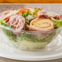 Chef Salad · Fresh lettuce, tomato and cucumber topped with rolled Boars Head ham, turkey, roast beef, Am...