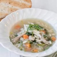 Little Chickie Orzo · Tuscan chicken and vegetable soup topped with Parmesan & Basil