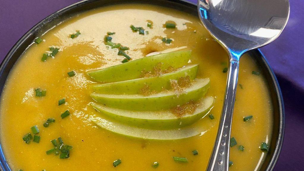 You Butternut Tell Your Granny! · Vegetarian, Gluten Free.  Creamy Roasted Butternut Squash Soup topped with Caramelized Granny Smith Apples.