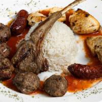 Mixed Grill · Gluten-free, chef recommendation. Chicken, lamb chops, fresh Lebanese sausages and lamb kaba...