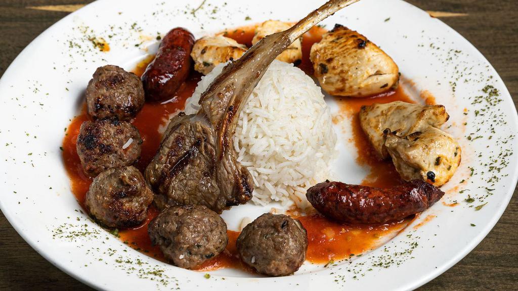 Mixed Grill · Gluten-free, chef recommendation. Chicken, lamb chops, fresh Lebanese sausages and lamb kabab served with rice.