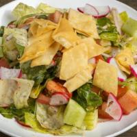 Fatouch · Vegetarian, chef recommendation. Green salad, tomato, cucumber, radish, onion, toasted pita,...