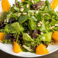 House Salad · Gluten-free, vegetarian. Mixed greens, oranges and pine nuts with balsamic dressing.