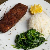 Salmon · Chef recommendation. Baked Norwegian salmon olive and pistachio crust, served with spinach a...