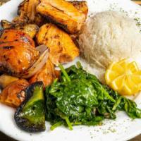 Salmon Shish Kabab Plate · Gluten-free, chef recommendation. Salmon served with sauteed vegetable and rice.