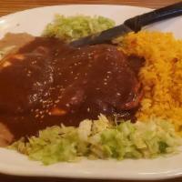 Mole Poblano · Pollo deshuesado con mole muy especiado. / Boneless chicken with highly spiced mole sauce.