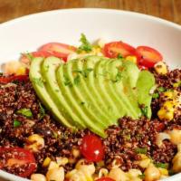 La Vegana · Gluten free, Vegan. Quinoa bowl with black beans, scallions, chickpeas, corn, avocado, cherr...