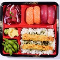 Ahi + Salmon Tempura + Poke · Enjoy this Bento with 2 pieces of Salmon Nigiri Sushi, 2 pieces of Ahi Nigiri Sushi, Sushi r...