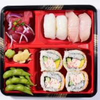 Hamachi + Ika Cali Roll + Poke · Enjoy this Bento with 2 pieces of Hamachi Nigiri Sushi, 2 pieces of Ika Nigiri Sushi, 4 piec...