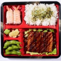 Unagi + 2 Pcs Ebi · Enjoy this bento with grilled Unagi, 2 pieces of Ebi Nigiri Sushi, Sushi rice, and Edamame. ...