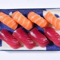 Salmon + Ahi · Enjoy 4 pieces each of Salmon, and Ahi Nigiri Sushi.
