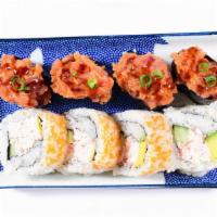 California + Spicy Ahi · Enjoy 4 pieces each of our California roll and spicy Ahi Sushi.