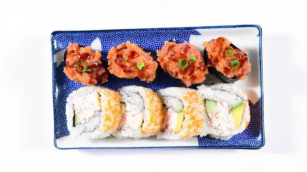 California + Spicy Ahi · Enjoy 4 pieces each of our California roll and spicy Ahi Sushi.