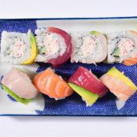 Rainbow Roll · Enjoy this roll filled with Crab Mayo, Cucumber then topped with Shrimp, Ahi, Salmon, Hamach...