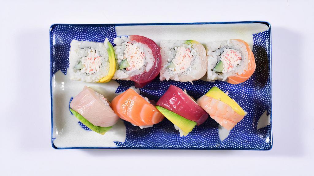 Rainbow Roll · Enjoy this roll filled with Crab Mayo, Cucumber then topped with Shrimp, Ahi, Salmon, Hamachi, and Avocado. No Wasabi, served separately.