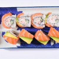 Salmon Roll · Enjoy this roll filled with Crab Mayo, Cucumber then topped off with Salmon, and Avocado. No...