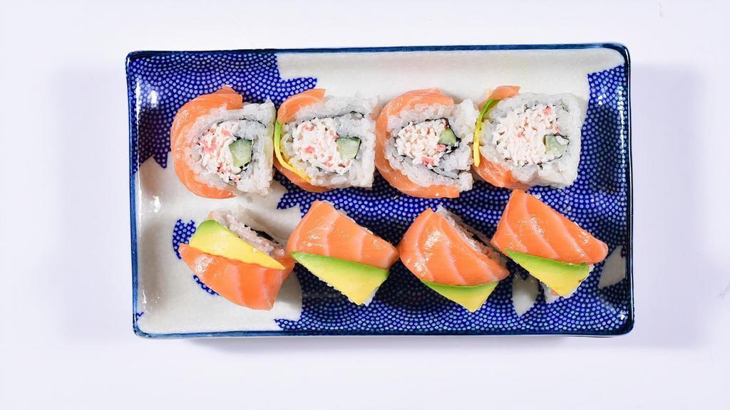 Salmon Roll · Enjoy this roll filled with Crab Mayo, Cucumber then topped off with Salmon, and Avocado. No Wasabi, served separately.