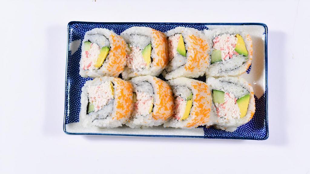 California Roll · Enjoy 8 pieces of our California roll filled with Crab Mayo, Avocado, Cucumber, and topped with Masago. No Wasabi, served separately.