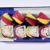 Ahi Roll · Enjoy this roll filled with Crab roll, Cucumber, and topped with Ahi and Avocado. No Wasabi,...