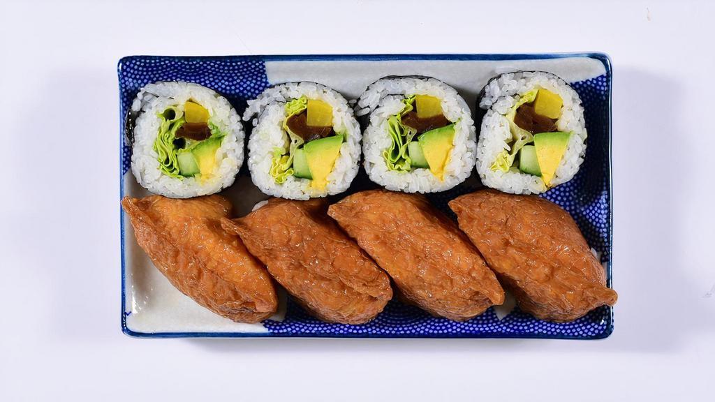 Vegetarian + Inari · Enjoy this Vegetarian special with 4 pieces of Vegetarian Maki Sushi, and 4 pieces of Inari Sushi. No Wasabi, served separately.