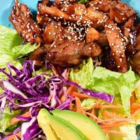 Teri Chicken Salad · Enjoy this fresh green salad complimented with sliced boneless Teriyaki Chicken and Avocado....