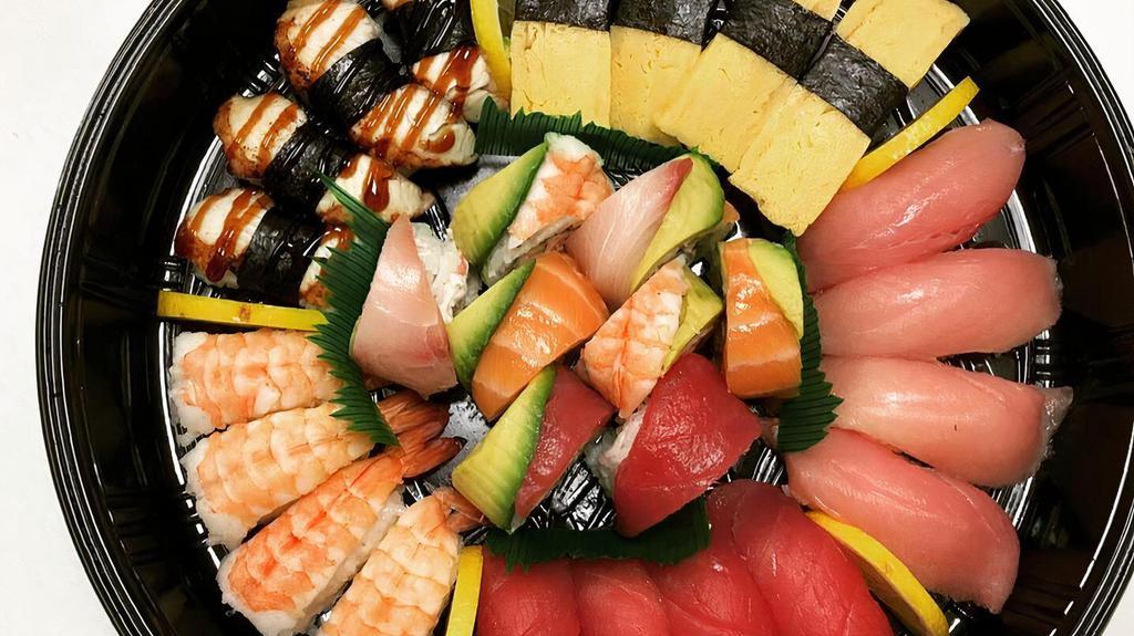 #5.Rainbow Sushi Platter  · 4 piece each of Tamago,Unagi,ahi,hamachi,with rainbow roll