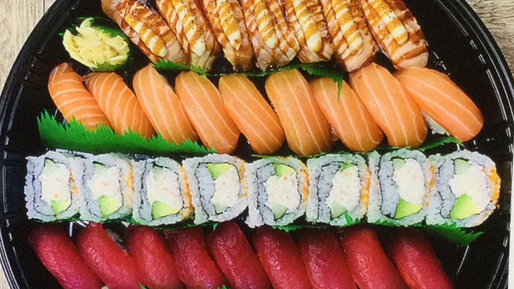 #11. Kazoku Sushi Platter  · 40 piece, 9 piece of ahi,7 piece Garli ahi,9 piece salmon,7 piece garlic salmon,8 piece California roll