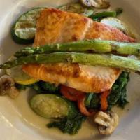 Grilled Salmon · Salmon over Field Greens with Artichoke Hearts and Cannellini Beans, served with a Balsamic ...