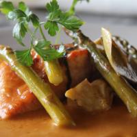 Salmon Pas-Tina · Artichoke, Asparagus in a Lemon and White Wine sauce.