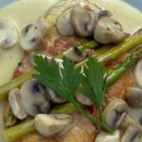 Flounder Francese · Asparagus, Mushrooms, in a Lemon and White Wine sauce.