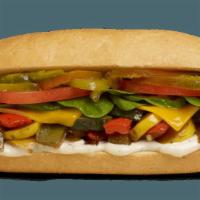 Cold Hoagies And Sandwiches - Roasted Veggie With Ranch & Cheddar · Contains: Cheddar, Ranch Dressing, Tomato, Roasted Veggies, Sweet Peppers, Spinach